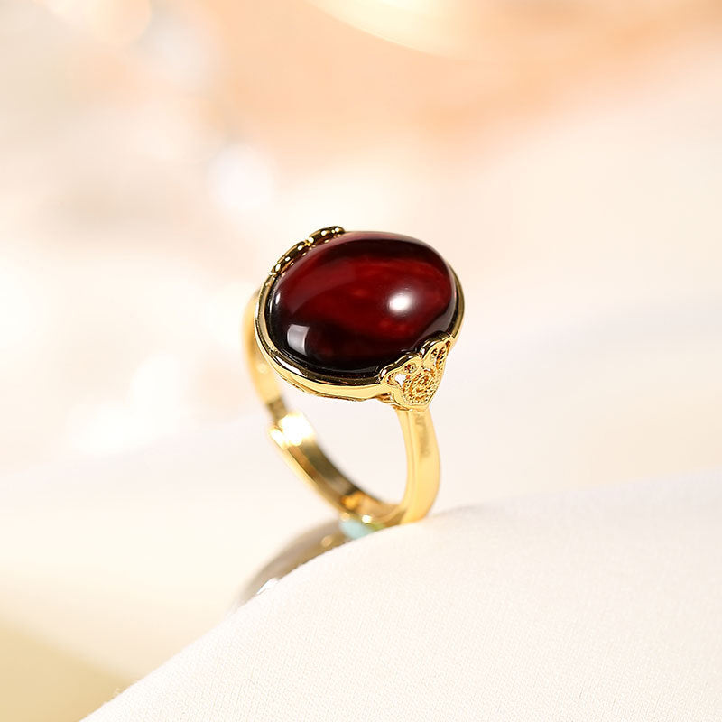 S925 Silver Round Blood Amber Ring