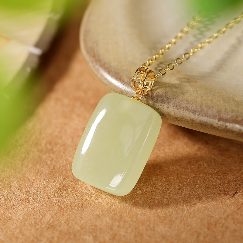 【Hetian Jade】S925 Silver Square Celadonish Jade Necklace