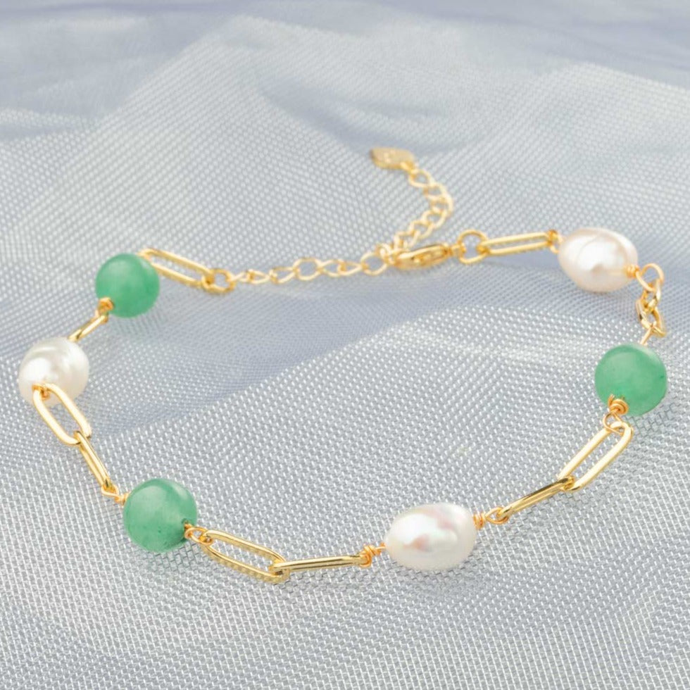 【Aventurine】Pearl Linked Jade Bracelet