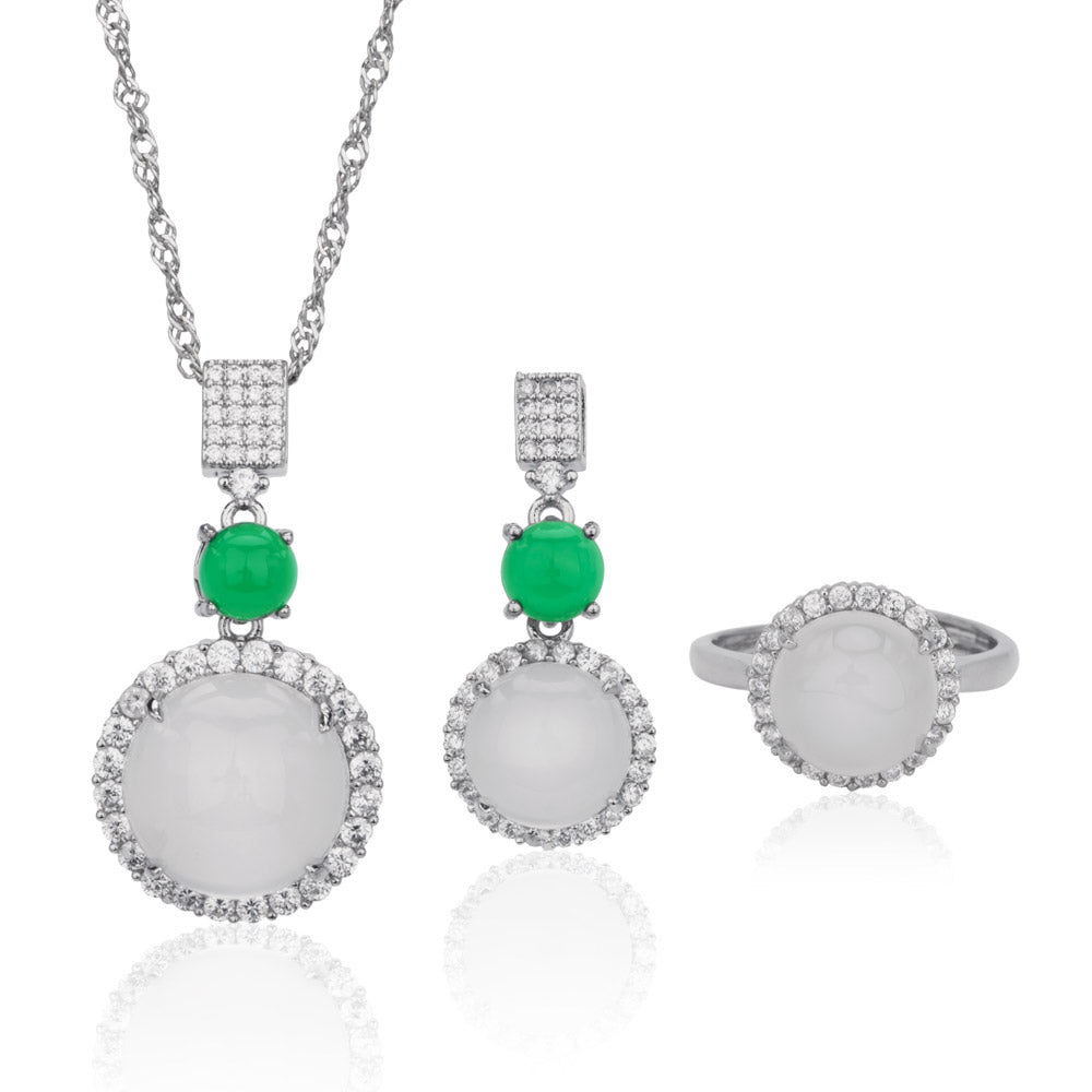 【Agate】Round White Natural Jade Jewelry Set