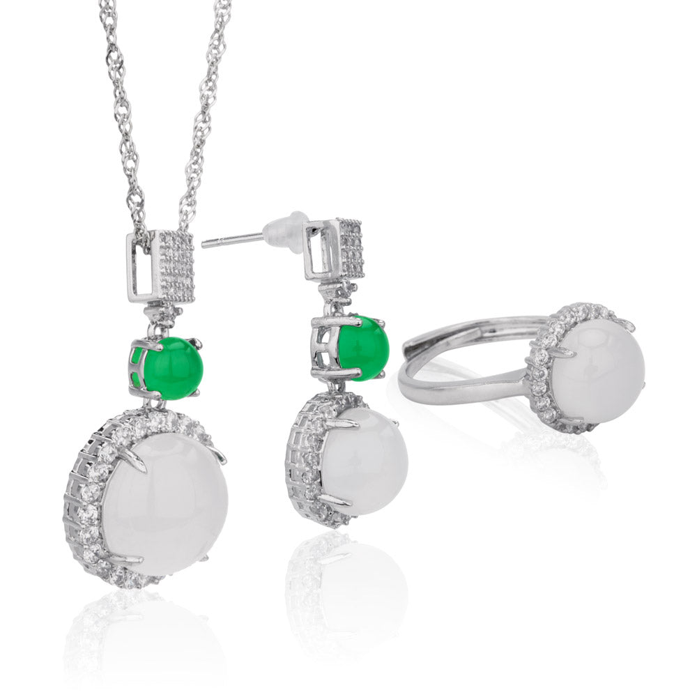 【Agate】Round White Natural Jade Jewelry Set