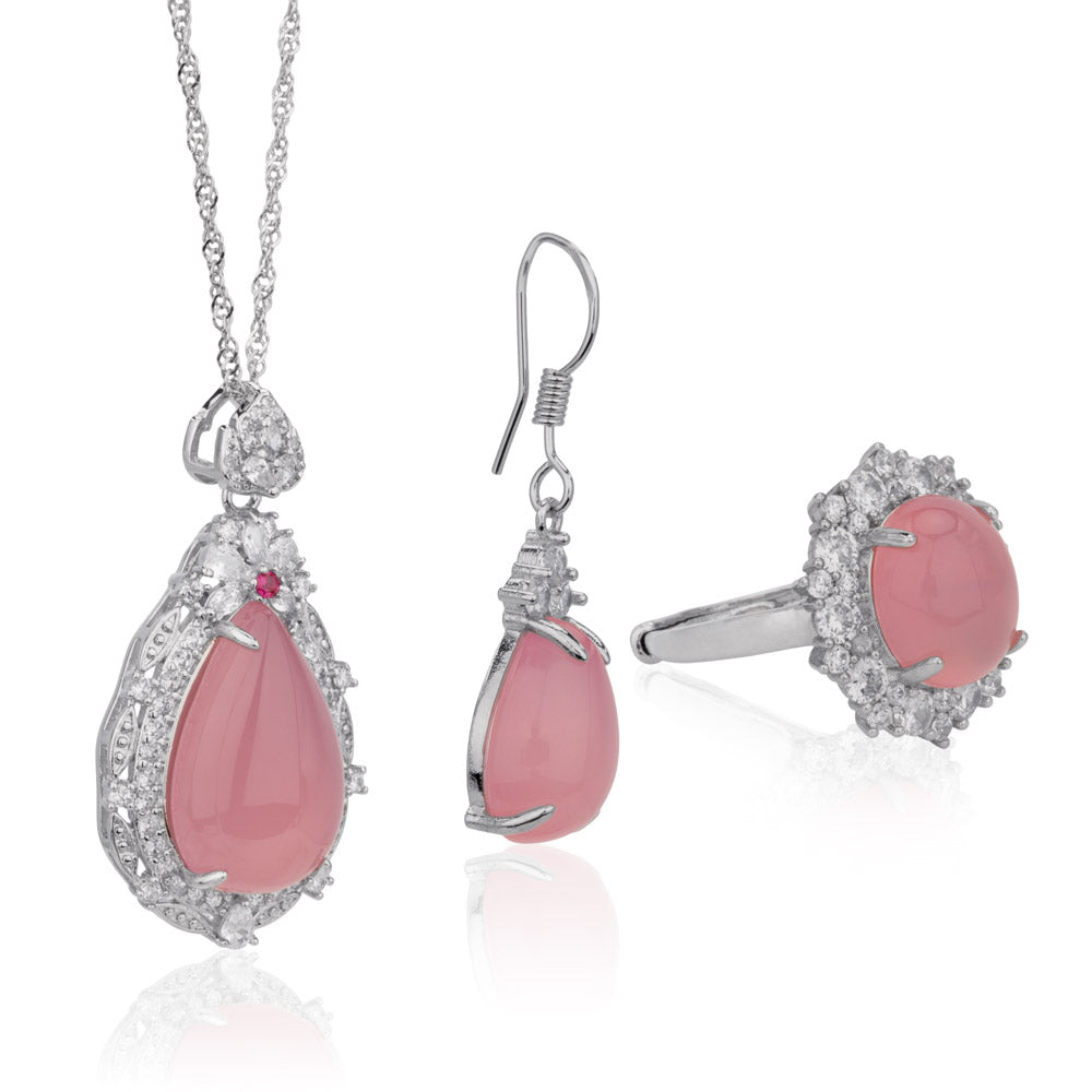 Silver Drop-Shaped Pink Agate Jewelry Set