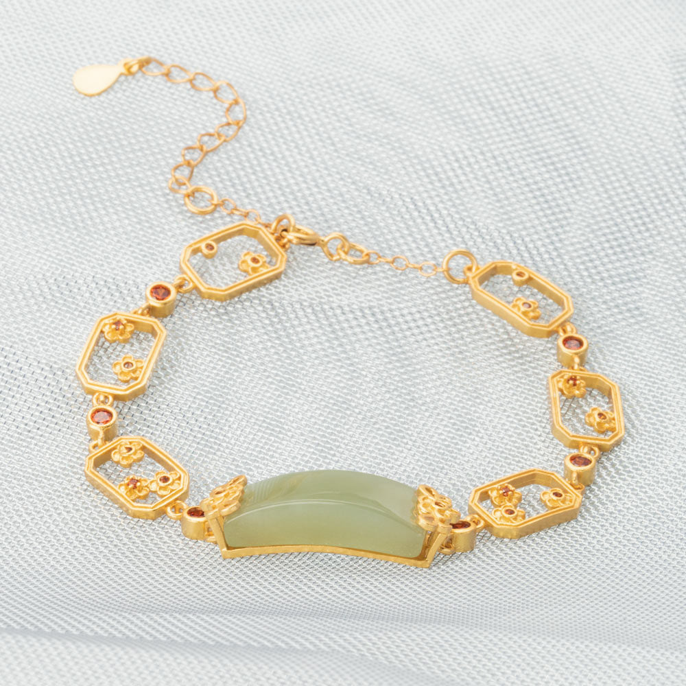 【Hetian Jade】S925 Silver Floral Celadonish Jade Bracelet