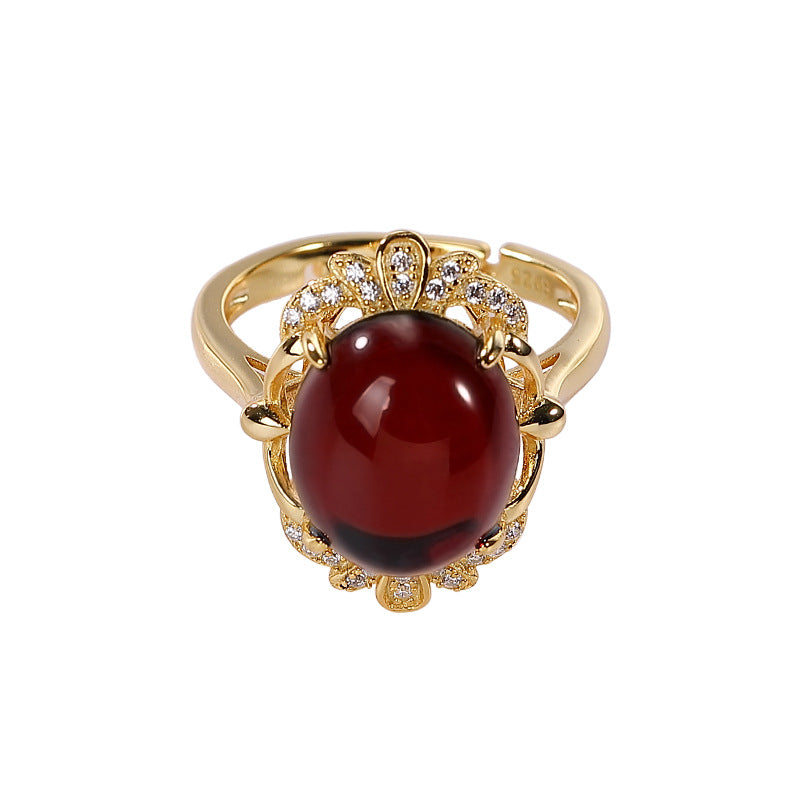 S925 Silver Hollow Out Blood Amber Ring