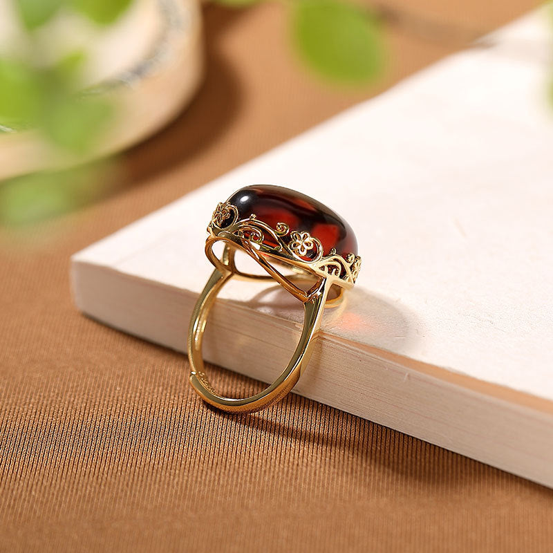 S925 Silver Hollow Out Blood Amber Ring