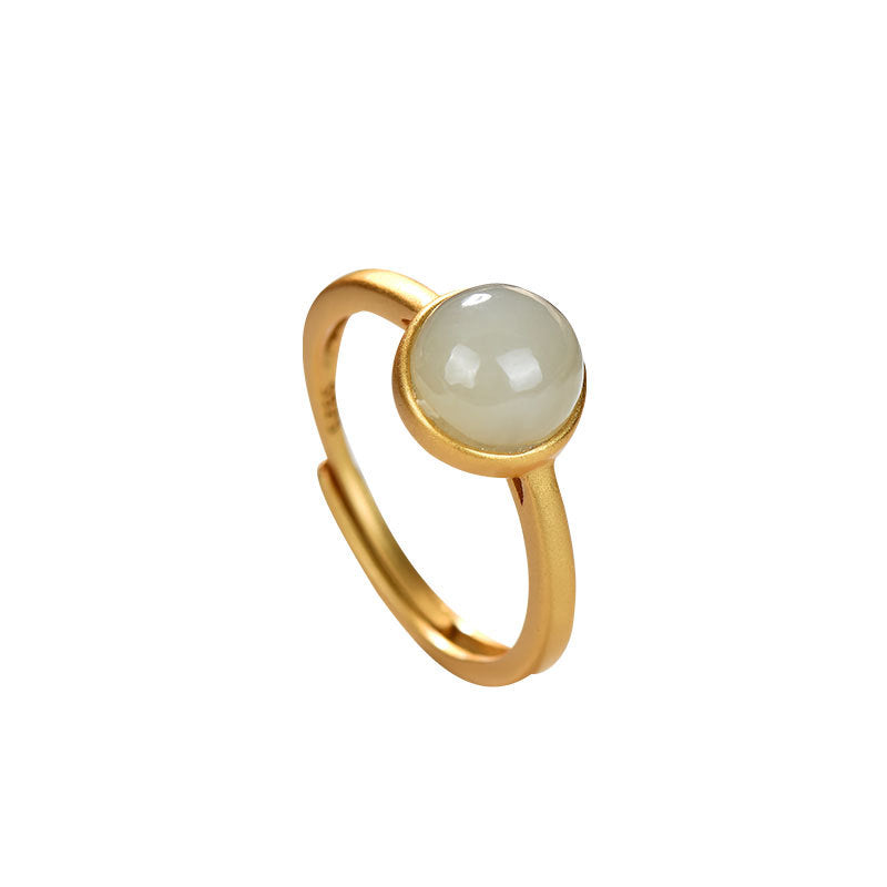 【Hetian Jade】S925 Silver Round White Hetian Jade Ring