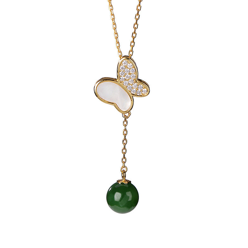 【Hetian Jade】S925 Silver Butterfly Green Hetian Jade Necklace