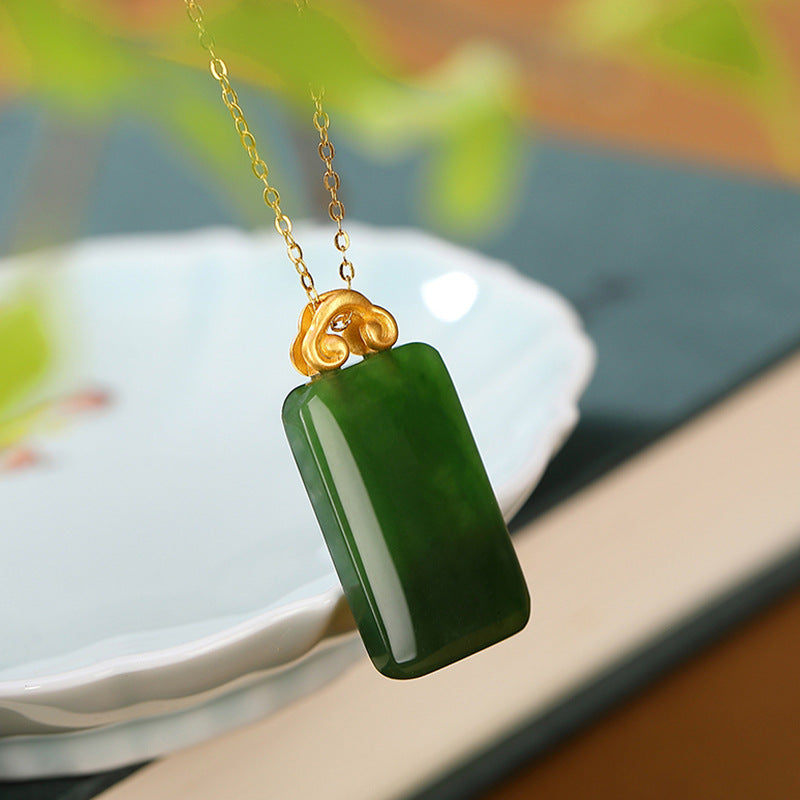 【Hetian Jade】S925 Silver Geometric Green Hetian Jade Necklace