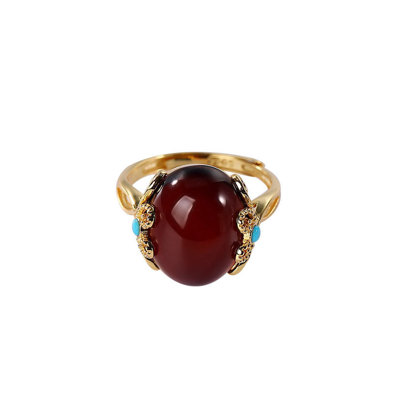 S925 Silver Oval Simple Blood Amber Ring