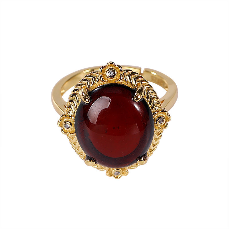 S925 Silver Floral Blood Amber Ring