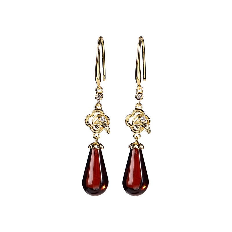 S925 Silver Leaf Blood Amber Earrings
