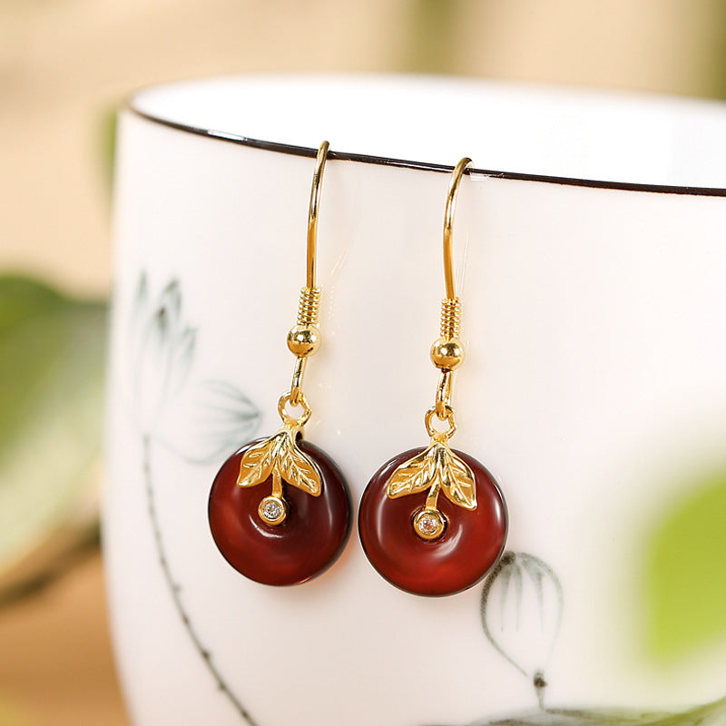 S925 Silver Round Circle Blood Amber Earrings