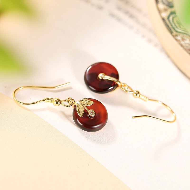 S925 Silver Round Circle Blood Amber Earrings