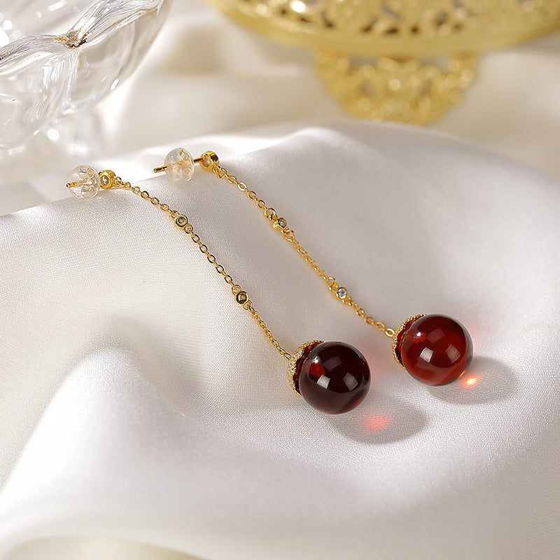 S925 Silver Round Blood Amber Earrings