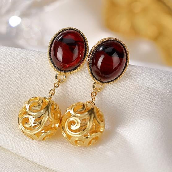 Hollow Out Blood Amber Earrings