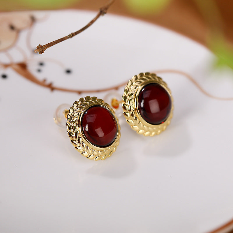S925 Silver Antique Design Blood Amber Earrings