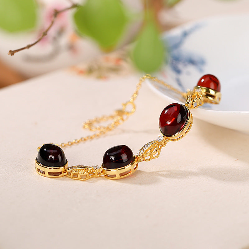 S925 Silver Hollow Out Blood Amber Bracelet